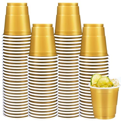Vumdua 100 Pack 2 oz Plastic Shot Glasses Disposable Shot Cups, Mini 2oz Party Cups for Graduation, Christmas, Birthday, Wedding, Bachelorette Party (Gold) - Image 1