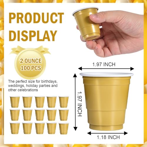 Vumdua 100 Pack 2 oz Plastic Shot Glasses Disposable Shot Cups, Mini 2oz Party Cups for Graduation, Christmas, Birthday, Wedding, Bachelorette Party (Gold) - Image 2