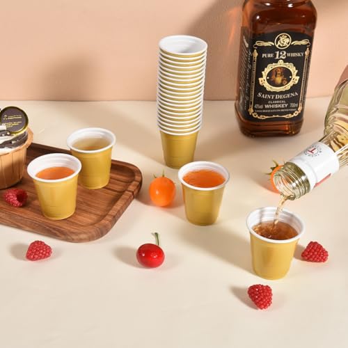 Vumdua 100 Pack 2 oz Plastic Shot Glasses Disposable Shot Cups, Mini 2oz Party Cups for Graduation, Christmas, Birthday, Wedding, Bachelorette Party (Gold) - Image 3