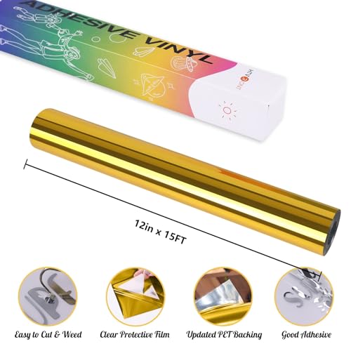 HTVRONT Gold Chrome Vinyl - 12" x 15FT Gold Permanent Adhesive Vinyl for All Cutting Machine-Gold Mirror Metallic Easy to Cut & Weed - Image 2