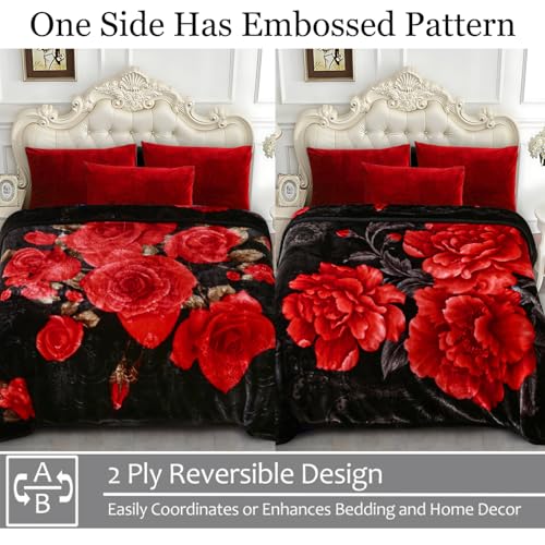 JYK Soft Blanket Korean Mink Blanket, 5 LB Fleece Blanket Queen 75'' x 87'' - 2 Ply Reversible 520GSM Super Soft Plush, Medium Thick, Warm Bed Blanket for Autumn Winter - Peony/Rose - Image 3