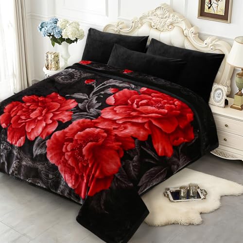 JYK Soft Blanket Korean Mink Blanket, 5 LB Fleece Blanket Queen 75'' x 87'' - 2 Ply Reversible 520GSM Super Soft Plush, Medium Thick, Warm Bed Blanket for Autumn Winter - Peony/Rose - Image 2