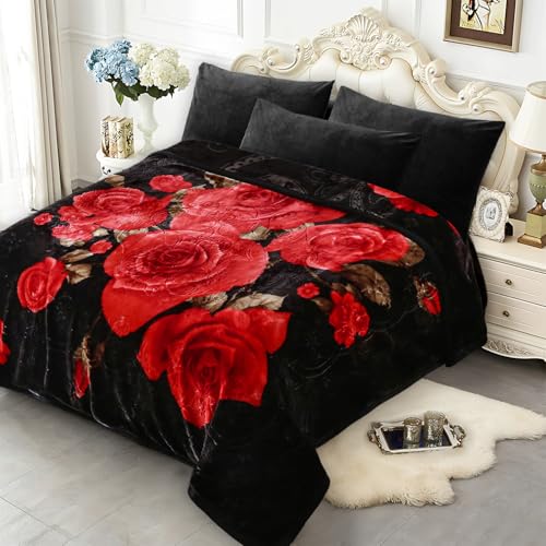 JYK Soft Blanket Korean Mink Blanket, 5 LB Fleece Blanket Queen 75'' x 87'' - 2 Ply Reversible 520GSM Super Soft Plush, Medium Thick, Warm Bed Blanket for Autumn Winter - Peony/Rose - Image 1