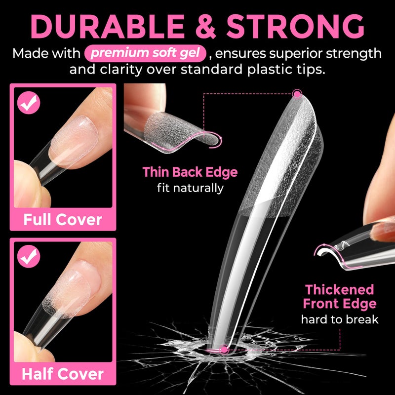 UNA GELLA Long Coffin Nail Tips: 216pcs Coffin Acrylic Fake Nails Full Cover Gel Nail Tips Press On Nails Clear Tips for Nail Extension DIY Salon 12 Sizes - Image 5