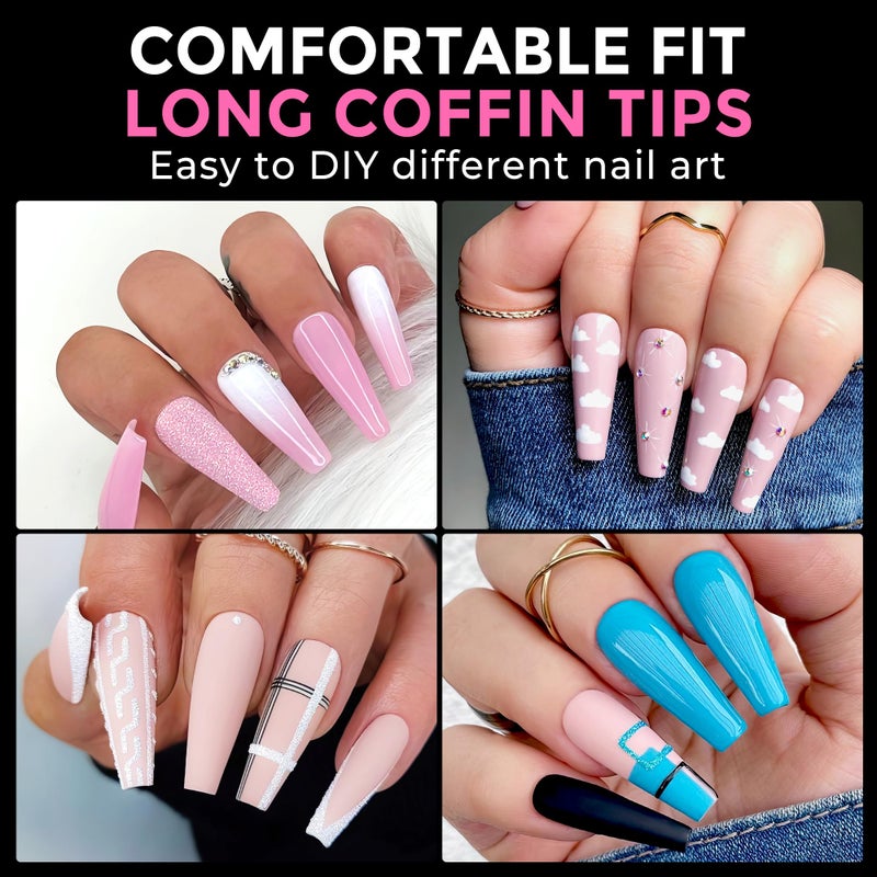 UNA GELLA Long Coffin Nail Tips: 216pcs Coffin Acrylic Fake Nails Full Cover Gel Nail Tips Press On Nails Clear Tips for Nail Extension DIY Salon 12 Sizes - Image 2