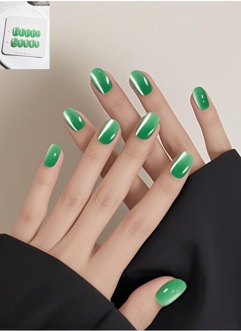 10 Pcs Crystal Cat Eye Nail Art False Nails Short Square and Round Manicure Fake Nails Press on Nails with Wearing Tools, Size: XS/S/M（Matcha Green）Random Packaging