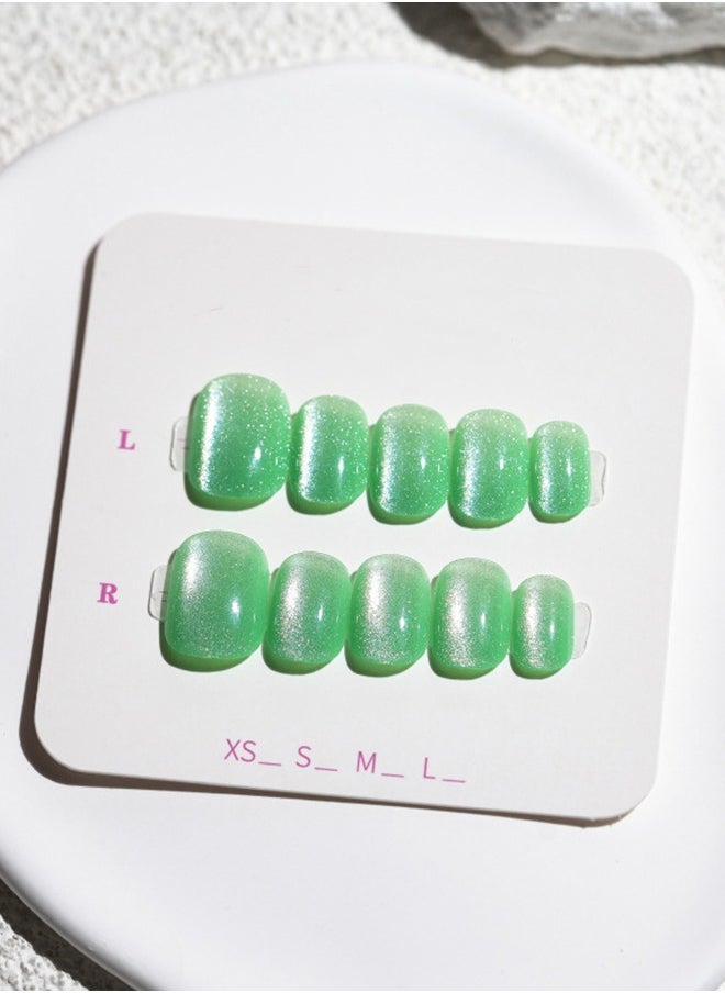ElegaNail - 10 Pcs Crystal Cat Eye Nail Art False Nails Short Square and Round Manicure Fake Nails Press on Nails with Wearing Tools, Size: XS/S/M（Matcha Green）Random Packaging - Image 1
