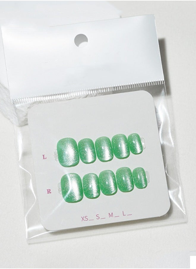 ElegaNail - 10 Pcs Crystal Cat Eye Nail Art False Nails Short Square and Round Manicure Fake Nails Press on Nails with Wearing Tools, Size: XS/S/M（Matcha Green）Random Packaging - Image 1
