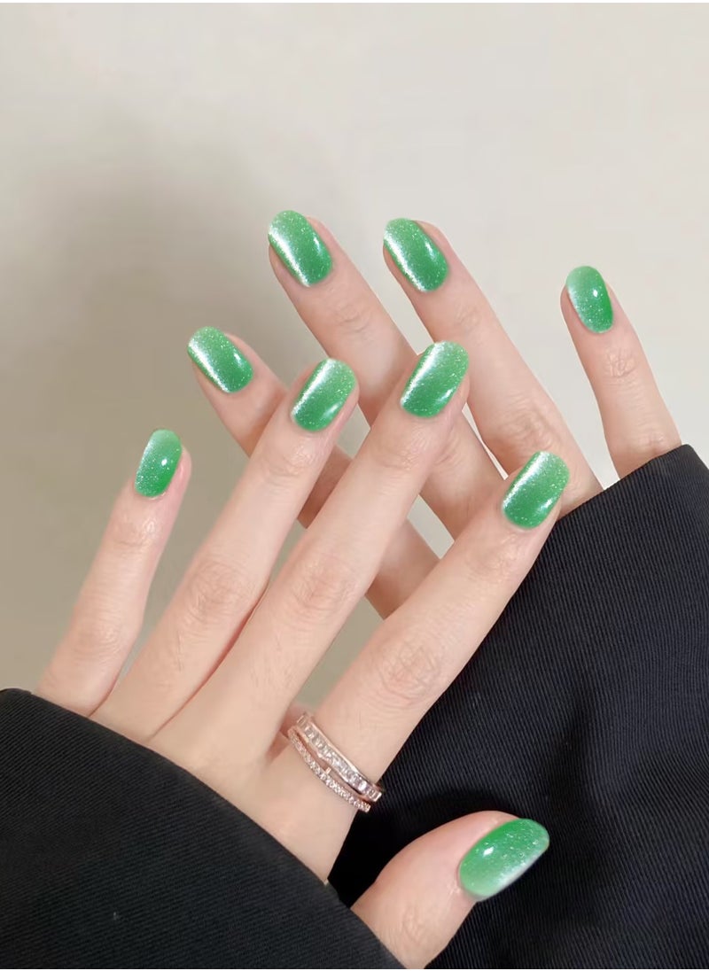 ElegaNail - 10 Pcs Crystal Cat Eye Nail Art False Nails Short Square and Round Manicure Fake Nails Press on Nails with Wearing Tools, Size: XS/S/M（Matcha Green）Random Packaging - Image 1