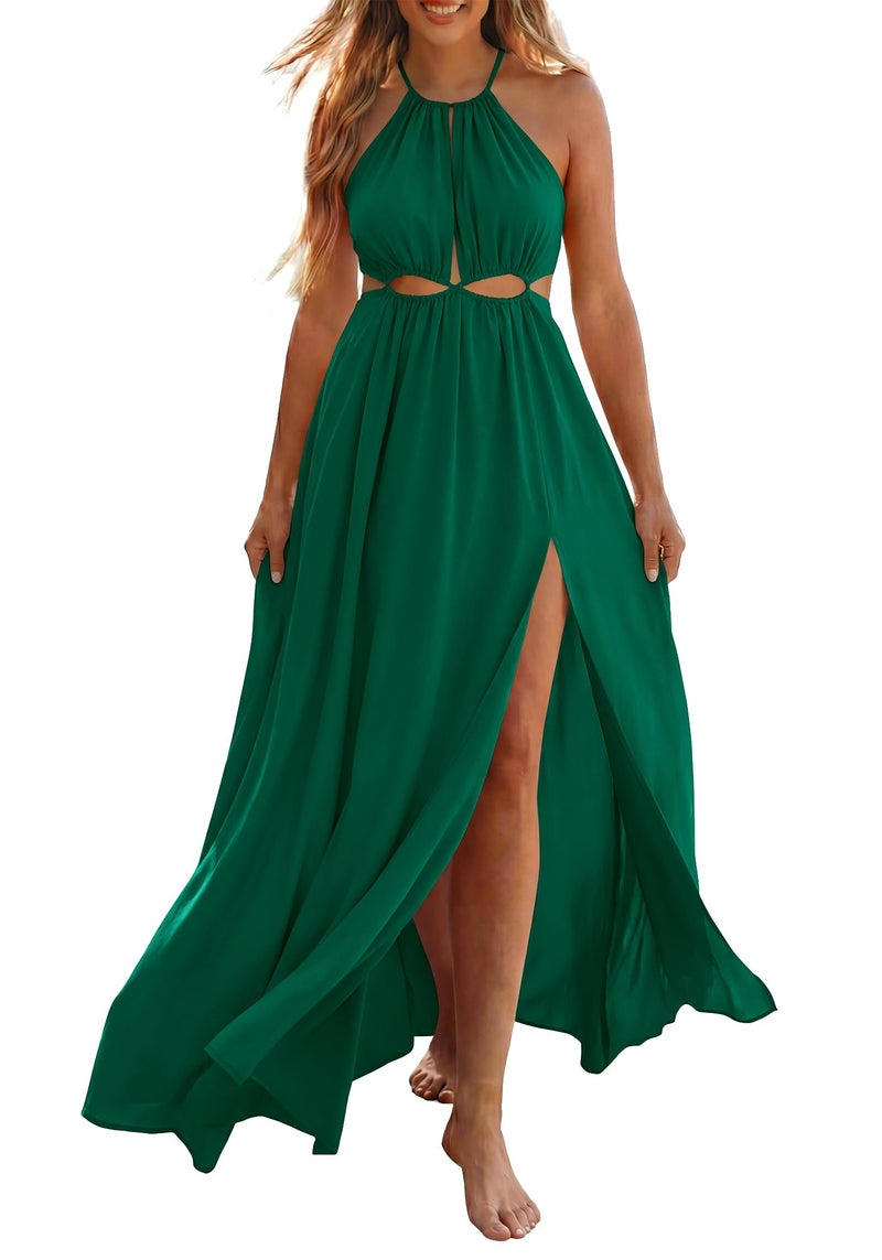 BTFBM Women Halter Summer Dresses 2026 Sleeveless Cutout Backless Sundress Slit Boho Maxi Beach Wedding Guest Dress(Dark Green, X-Large) - Image 1