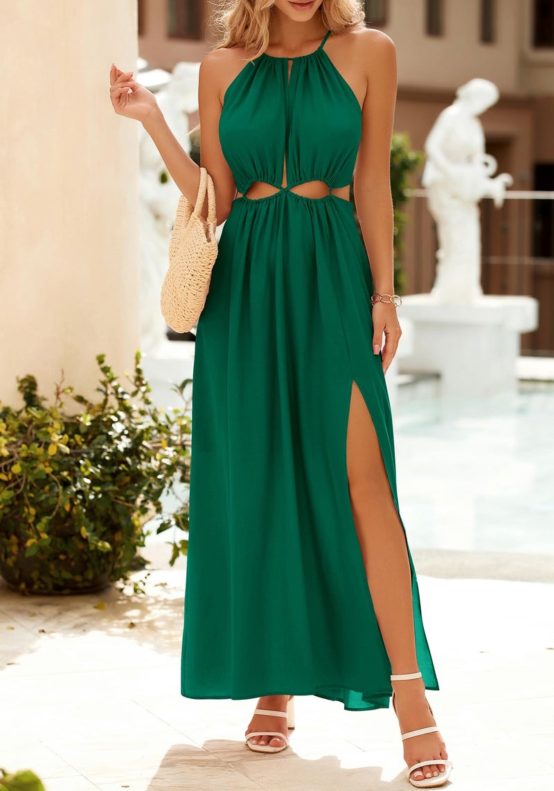 BTFBM Women Halter Summer Dresses 2026 Sleeveless Cutout Backless Sundress Slit Boho Maxi Beach Wedding Guest Dress(Dark Green, X-Large) - Image 2