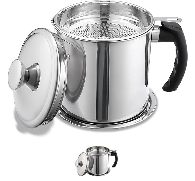 VIHM Bacon Grease Container with Strainer 13 L Stainless Steel Oil Container Pot Fat Storage with Lid Easy Grip Handle Suitable for Storing Frying Oil and Cooking Grease Silver - Image 1