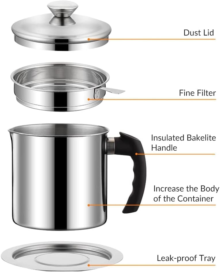 VIHM Bacon Grease Container with Strainer 13 L Stainless Steel Oil Container Pot Fat Storage with Lid Easy Grip Handle Suitable for Storing Frying Oil and Cooking Grease Silver - Image 4