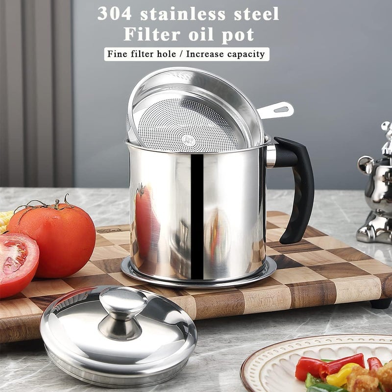 VIHM Bacon Grease Container with Strainer 13 L Stainless Steel Oil Container Pot Fat Storage with Lid Easy Grip Handle Suitable for Storing Frying Oil and Cooking Grease Silver - Image 2