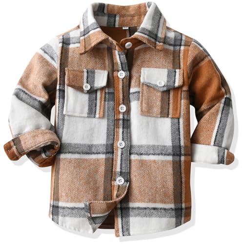 Yaopelky Toddler Boy Flannel Plaid Shirt Kids Long Sleeve Button Down Jacket Lapel Pocket Top Regular Fit Casual Fall Clothes (US, Age, 2 Years, 3 Years, Brown) - Image 1