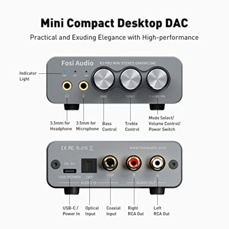 K5 Pro Gaming DAC Headphone Amplifier Mini Hi-Fi Stereo Digital-to-Analog Audio Converter USB Type C/Optical/Coaxial to RCA/3.5MM AUX for PS5/PC/MAC/Computer - Image 2