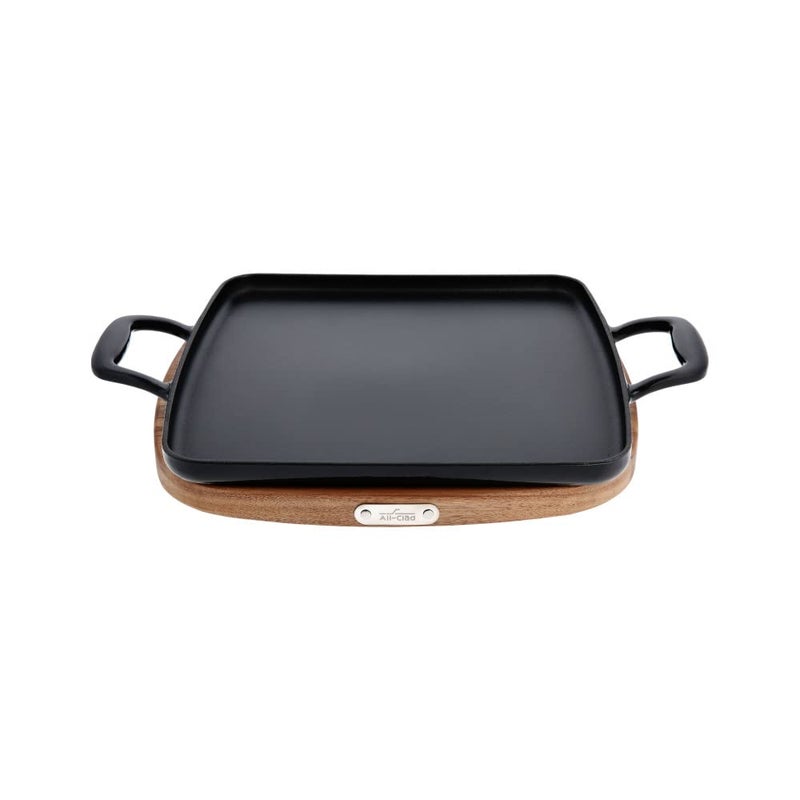 All-Clad AllClad Cast Iron Enameled Square Griddle with Acacia Trivet 11 Inch Induction Oven Broiler Safe 650F Pots and Pans Cookware Black 