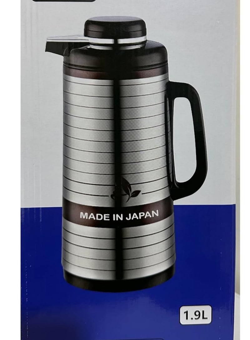 Japanese Vacuum Flask Thermal Carafe, Stainless Steel, Brown Handle, Striped Design 1.9L Capacity - Image 1