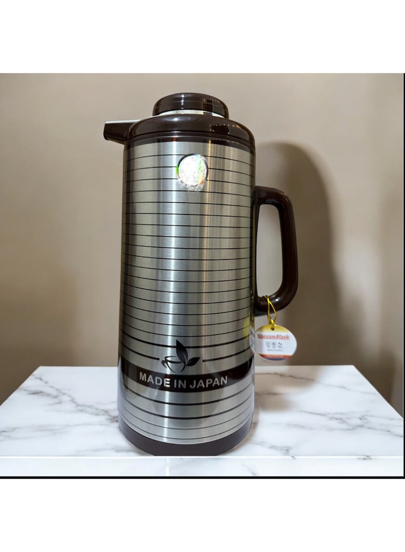 Japanese Vacuum Flask Thermal Carafe, Stainless Steel, Brown Handle, Striped Design 1.9L Capacity - Image 2