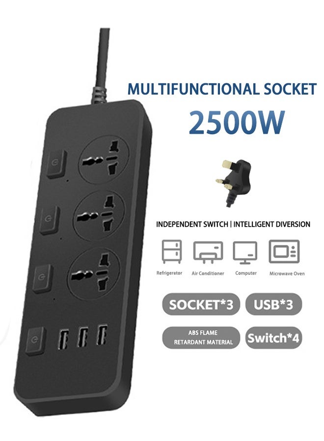 قوة 110-250 فولت 2500 وات مع 3 مقبس عالمي متعدد USB، كابل تمديد المقبس لشحن الهاتف،توصيله كهربائيه مشترك كهرباء توصيلة وصلة كهرباء  - Image 1