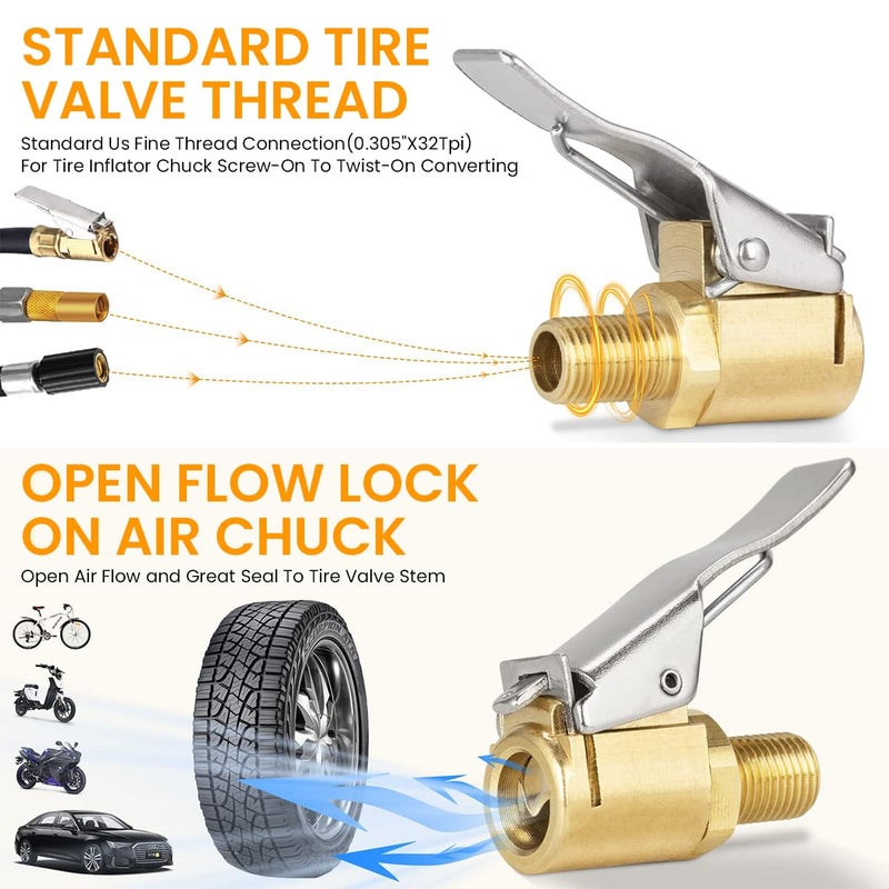 STHIRA ® 6 قطع محول صمام هواء إطار من النحاس مع قفل آمن، 250 PSI فوهة ثقيلة للسيارة والدراجة النارية والدراجة، ملائمة عالمياً لمقاييس الضغط وضواغط الهواء، ذهبية - Image 2