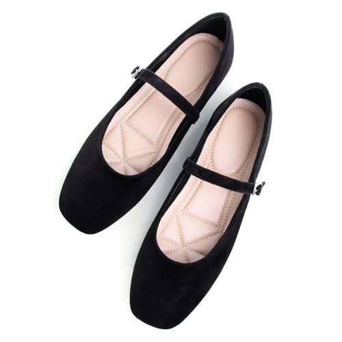 Stunner Women's Mary Jane Ballet Flats Fashion Square Toe Ankle Strap Flats Comfortable Casual Slip On Dress Shoes Black 38(7) - Image 1
