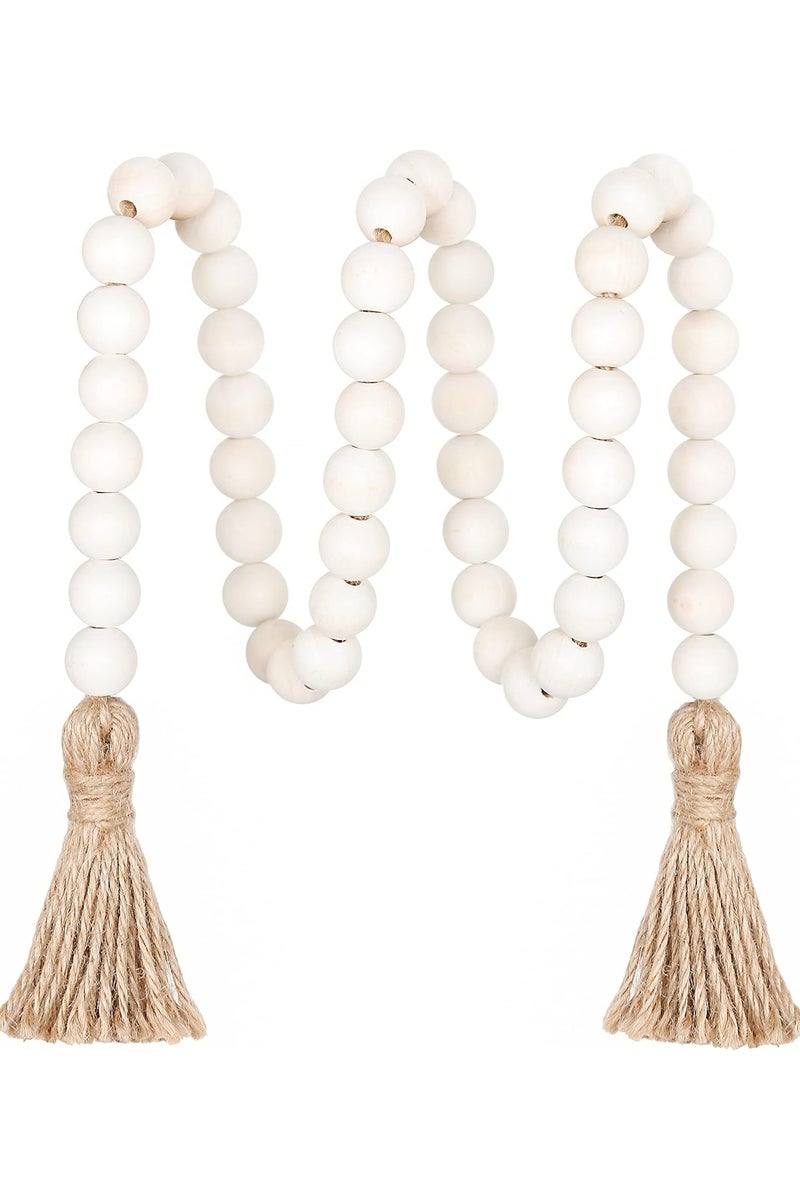 39 Inch Wooden Bead Wreath with Tassels, Natural Prayer Beads Farmhouse Style, Versatile Bohemian Decor for Wall Hanging, Table Decoration and Home Decor