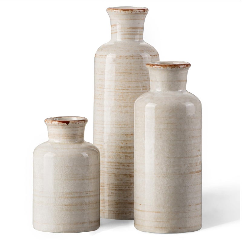 CwlwGO Ceramic Rustic Vase 3 Piece SetSmall vase for Country Home DecorationModern Farmhouse Decor Living Room Table Decoration Bookcase Fireplace and Entrance DecorationsWhite