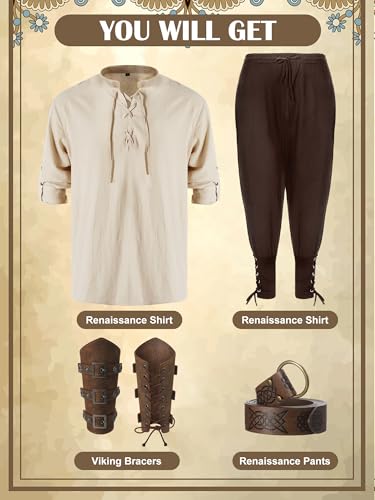 Jiuguva 4 Pcs Halloween Men's Renaissance Costume Set Medieval Pirate Shirt Ankle Banded Pants Viking Belt Accessories (Vintage Color,Large) - Image 5