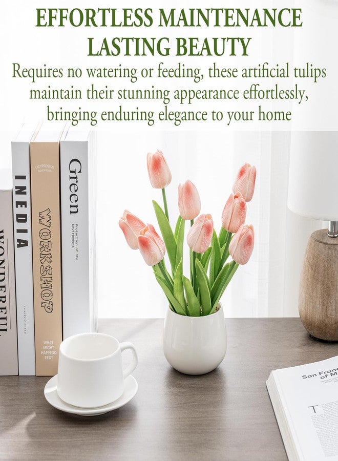 MyGift Artificial Pink Tulips in White Vase, Tabletop Faux Potted Tulip Flowers Arrangement, Fake Plants Decor in White Round Ceramic Planter - Image 3