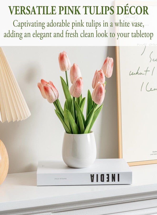 MyGift Artificial Pink Tulips in White Vase, Tabletop Faux Potted Tulip Flowers Arrangement, Fake Plants Decor in White Round Ceramic Planter - Image 2