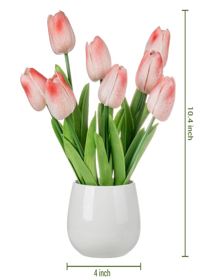 MyGift Artificial Pink Tulips in White Vase, Tabletop Faux Potted Tulip Flowers Arrangement, Fake Plants Decor in White Round Ceramic Planter - Image 4
