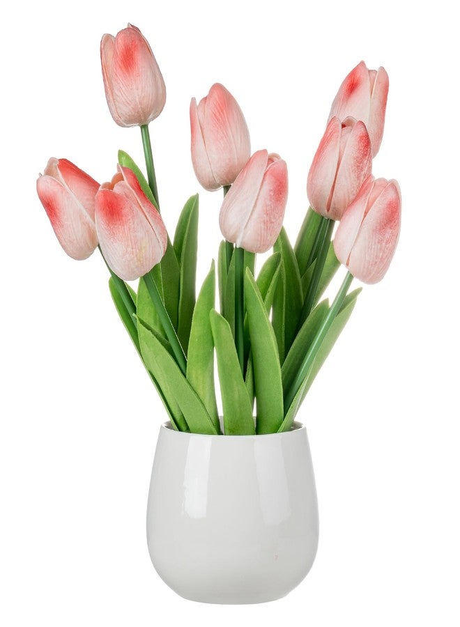MyGift Artificial Pink Tulips in White Vase, Tabletop Faux Potted Tulip Flowers Arrangement, Fake Plants Decor in White Round Ceramic Planter - Image 1