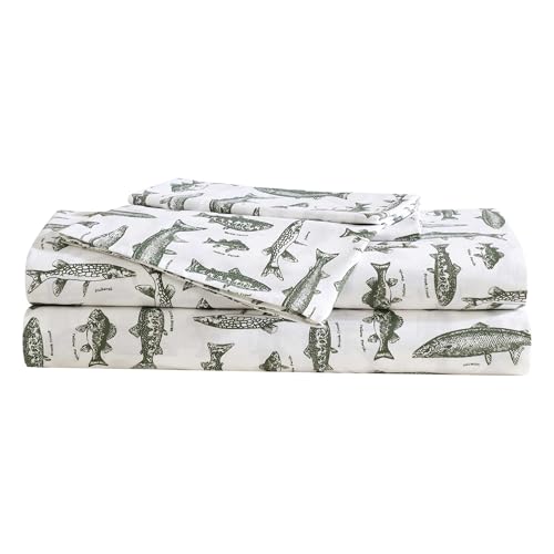 Eddie Bauer Sheet Set Cotton Percale Bedding with Matching Pillowcase Crisp Breathable 200Thread Count Classic Comfort Essentials Wes Fish Green Twin - Image 1