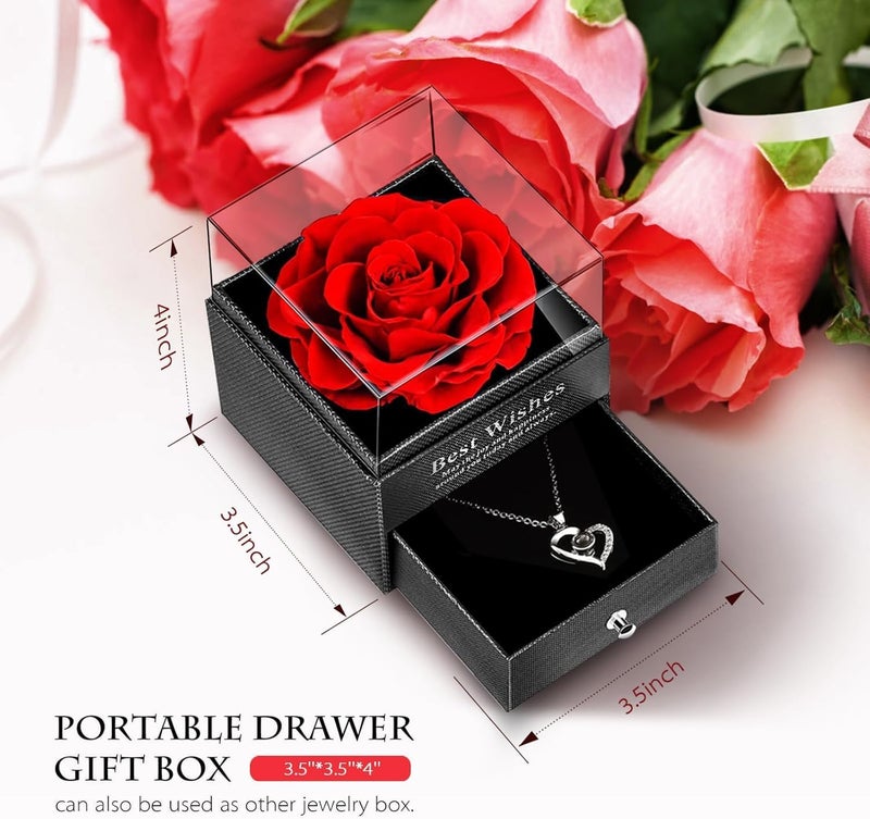 HENIRAG 1PCS Preserved Real Red Rose Eternal Rose Heart Necklace Eternal Rose Flowers Gift with I Love You in 100 Languages Romantic Gifts for Women Mom Wife Girlfriend on Anniversary BirthdayRed - Image 4
