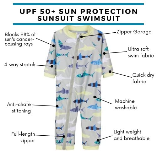 SwimZip Little Boy Long Sleeve Sunsuit with UPF 50 Sun Protection, Gray Shark, 6-12 Months - Image 2