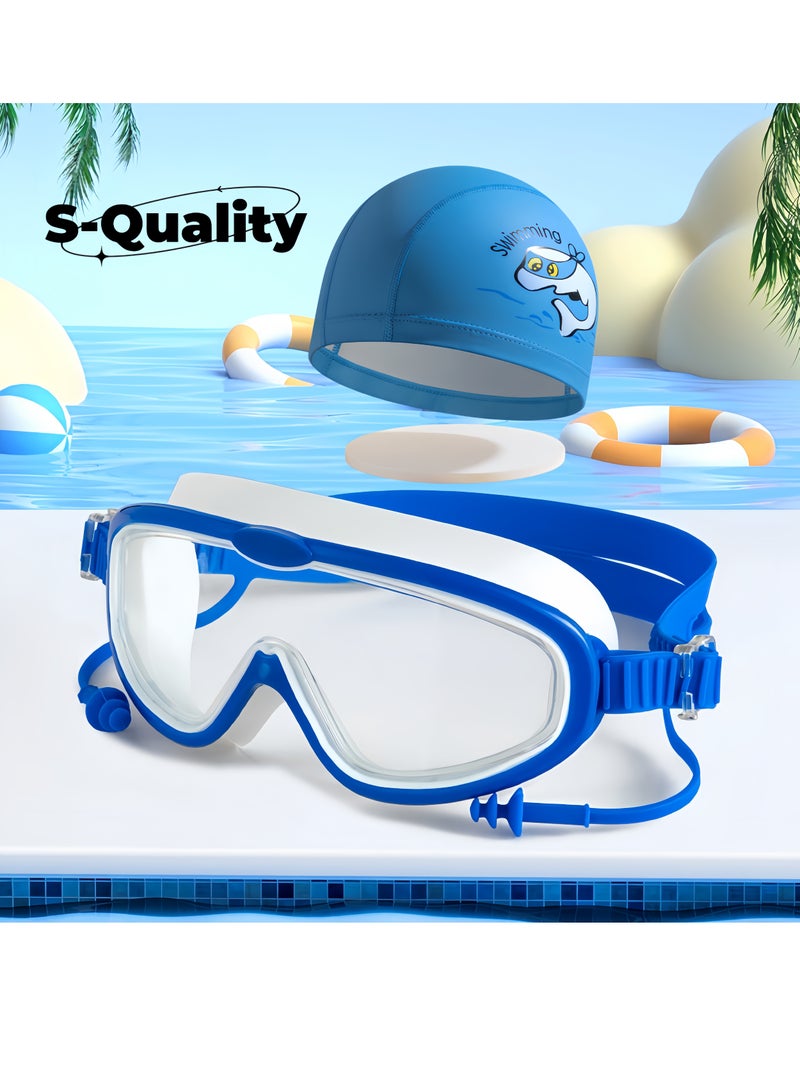 S-Quality Kids Swimming Goggles and PU Cap Set – Wide View, Anti-Fog, Waterproof for Boys and Girls - Image 1