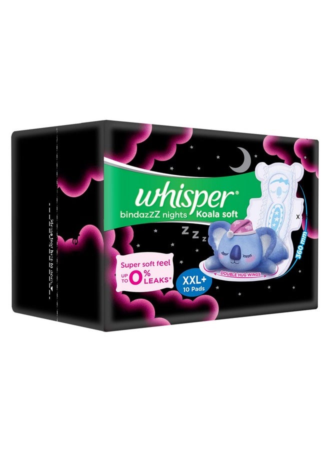 Whisper Bindazzz Nights Koala Soft Sanitary Pads, 10 Xxl+ Pads, Upto 0% Leaks, 60% Longer & Wider Back, Super Soft Topsheet, Double Hug Wings, Disposable Wrapper, For Women  - Image 2