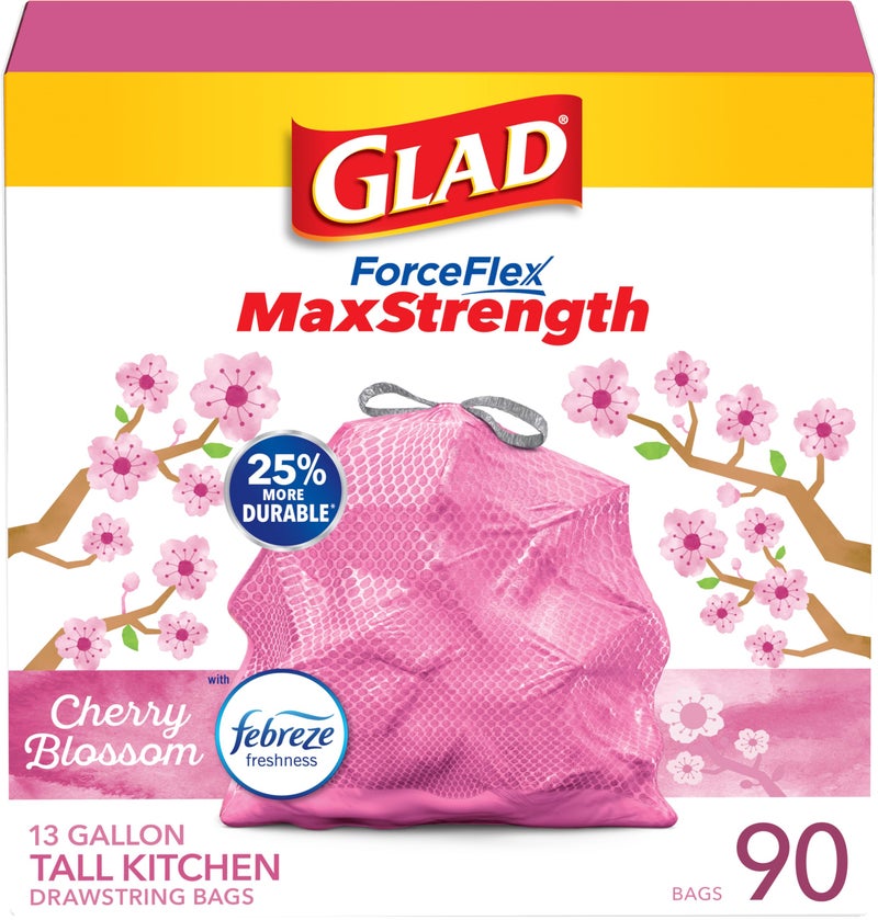 Glad Tall Kitchen Trash Bags 13 Gallon, MaxStrength Cherry Blossom Garbage Bags, Drawstring, 90 Count - Image 1