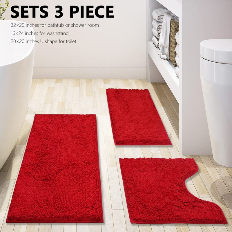 BOANKODU Bathroom Rugs Chenille 3-Piece Extra Soft and Absorbent Shag Bathroom Rugs, Machine Wash Mat, Strong PVC Non-Slip Underside, Plush Carpet Mats (Red) - Image 2