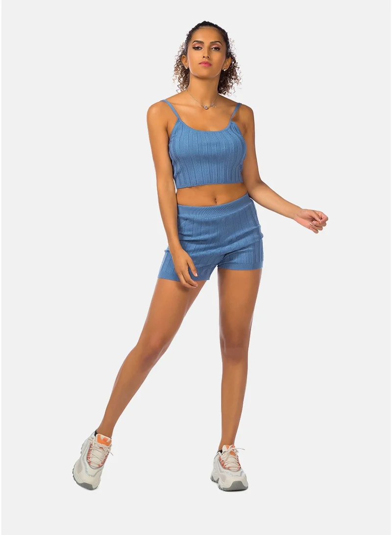 London Rag London Rag Solid Rib Knit Shorts in Denim Blue