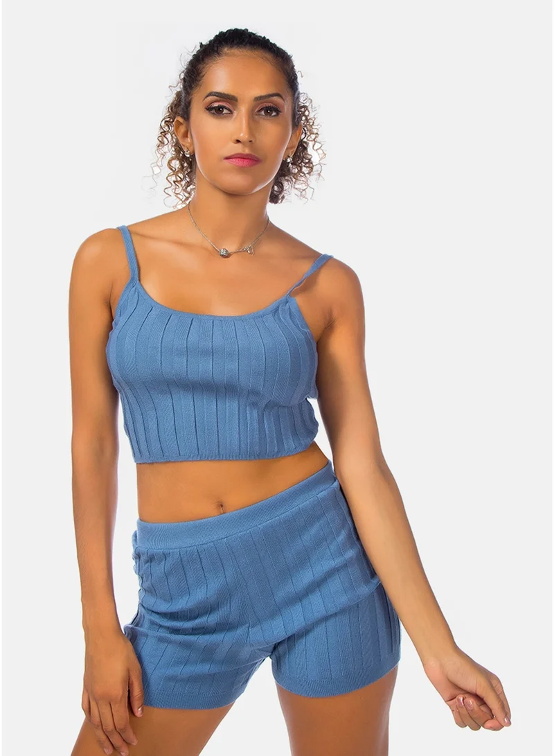 London Rag London Rag Solid Rib Knit Shorts in Denim Blue