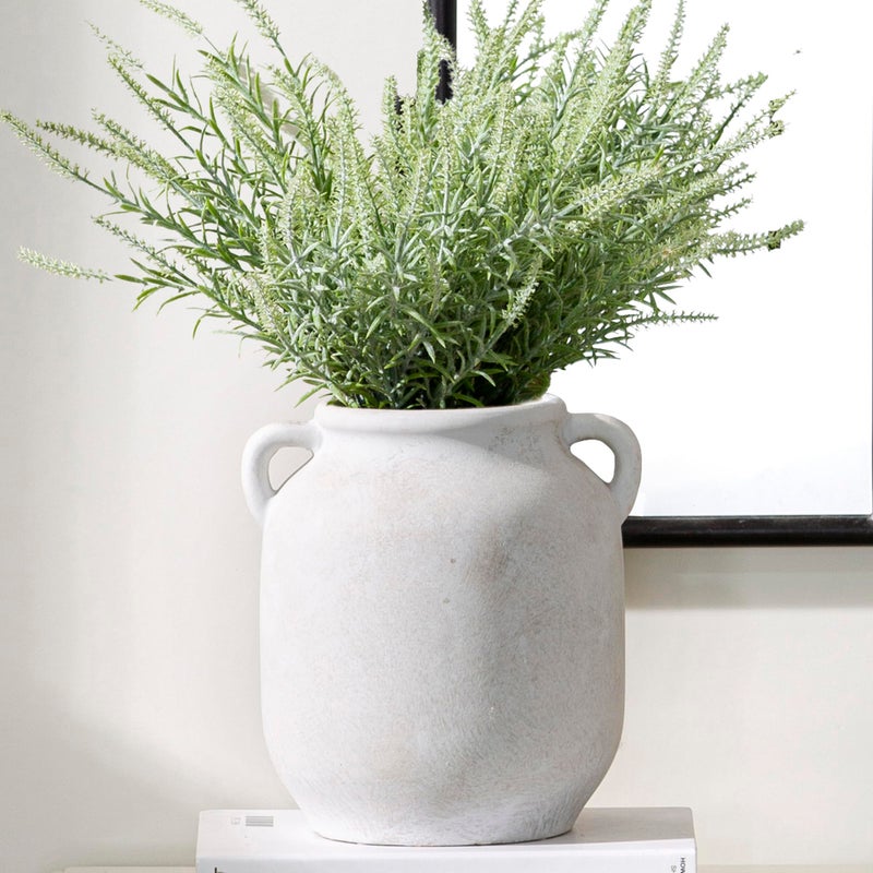 Vanselia Ceramic Flower Vase Home Decor - 7.6 Inch Farmhouse Rustic White Table Vases with Handle Living Room Decoration Decorative Vintage Pottery for Kitchen Shelf Coffee Dining Desk Bookshelf Fireplace - Image 1