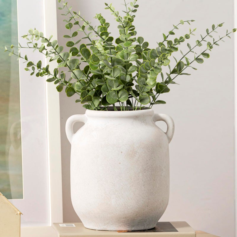 Vanselia Ceramic Flower Vase Home Decor - 7.6 Inch Farmhouse Rustic White Table Vases with Handle Living Room Decoration Decorative Vintage Pottery for Kitchen Shelf Coffee Dining Desk Bookshelf Fireplace - Image 5