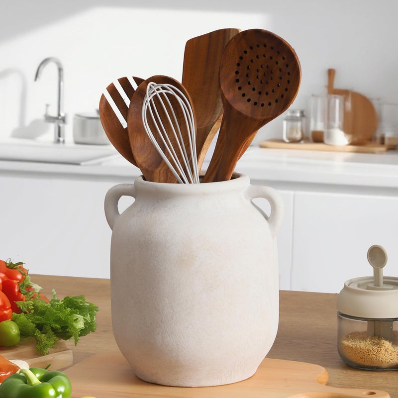 Vanselia Ceramic Flower Vase Home Decor - 7.6 Inch Farmhouse Rustic White Table Vases with Handle Living Room Decoration Decorative Vintage Pottery for Kitchen Shelf Coffee Dining Desk Bookshelf Fireplace - Image 3