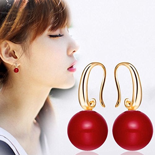 Merdia Charming Earrings Drop Simulated Pearl Hook 12MM Red Earrings for Women - Image 3
