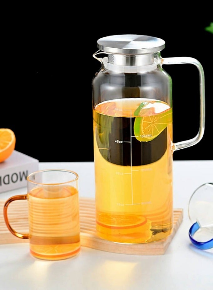 Glass Pitcher Glass Bottles Tea Pot Glass Kettle with Lid 1.8L Glass Jar with Scale and Handle for Fridge Water Bottle for Hot/Cold Wate Milk Juice Drinks - Image 1