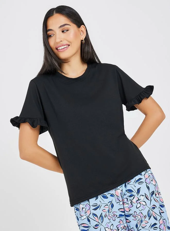 Styli Ruffle Sleeve Solid T-Shirt & Wide Leg Floral Pyjama Set