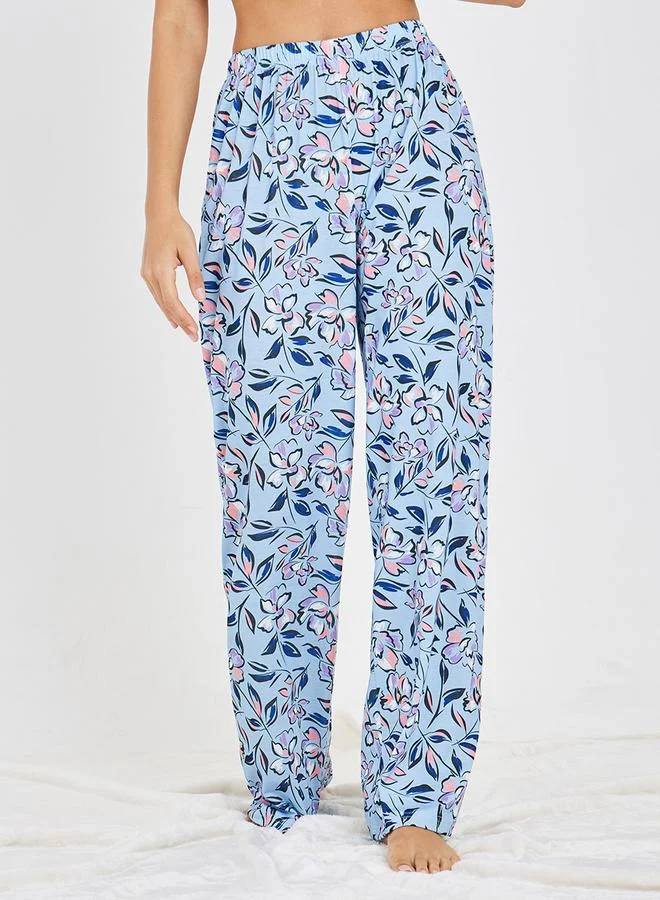 Styli Ruffle Sleeve Solid T-Shirt & Wide Leg Floral Pyjama Set