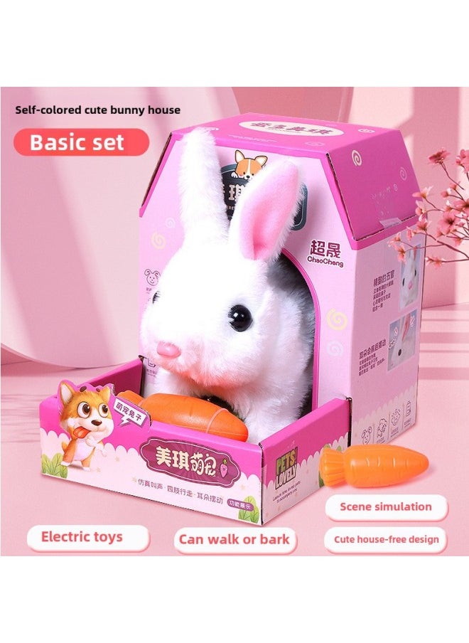 Children's Rabbit Plush Toy Girl's Electric Simulation Animal Doll Will Call Moving Cute Pet Doll Birthday Gift-Color:White Cute Pet Rabbit House  - Image 1